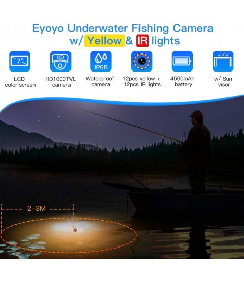 Eyoyo Underwater Fishing Camera Video Fish Finder 7 Inch Screen 1000 TVL Waterproof Camera w/Infrared & Yellow Lights for Ice Lake Sea Night Fishing 30m (98ft) Cable