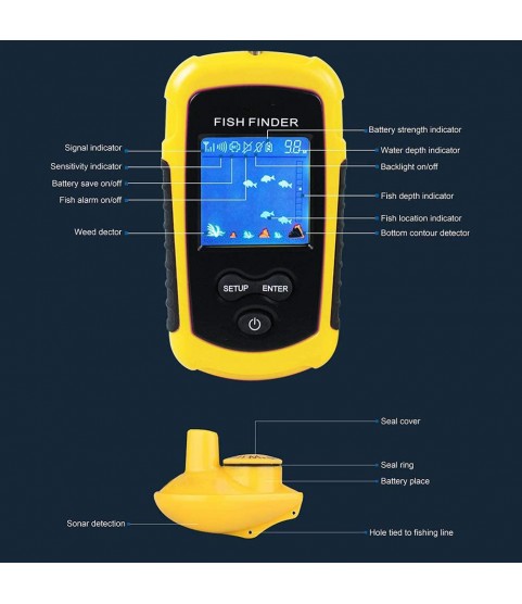 CBPE Portable Fish Finder, Transducer Sonar Sensor 394 Feet Water Depth Finder LCD Screen Echo Sounder Fishfinder with Fish Attractive Lamp for Ice Fishing Sea Fishing