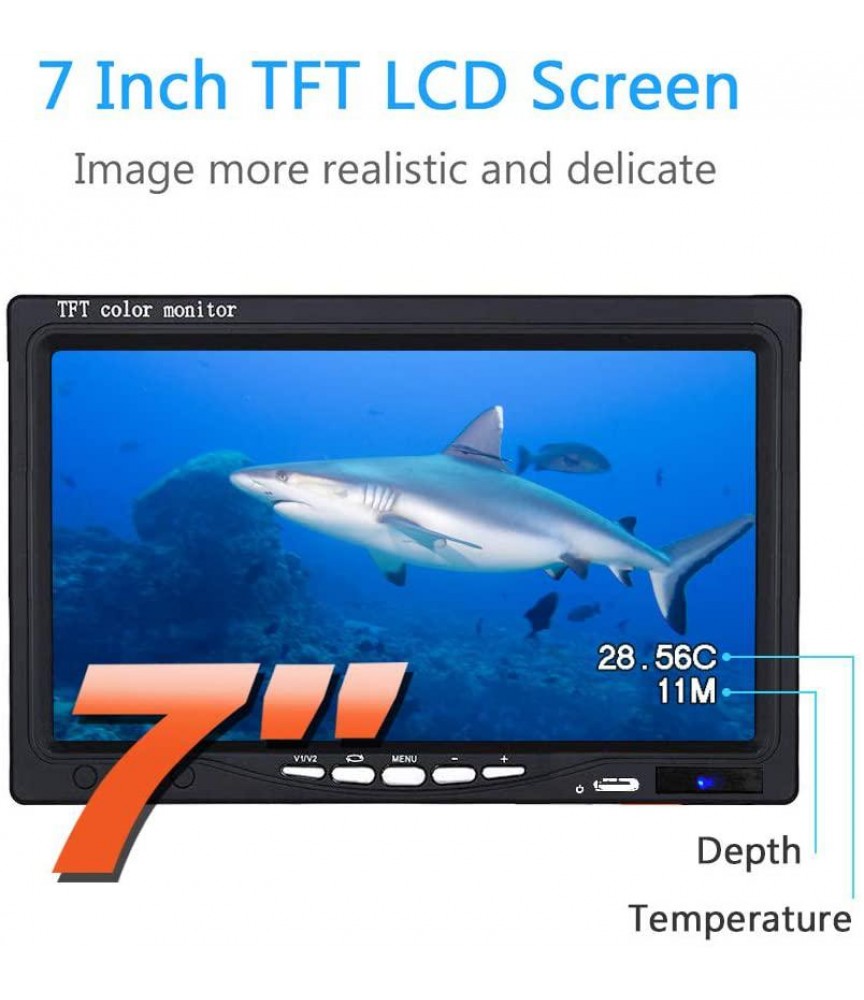 Portable Underwater Fishing Camera with Depth Temperature Display-Waterproof HD Camera and 7 LCD Monitor-Infrared Fish Finder-Up to 8 Hours Battery Life-Ultimate Fishing Gear 30M with 8GB SD Card