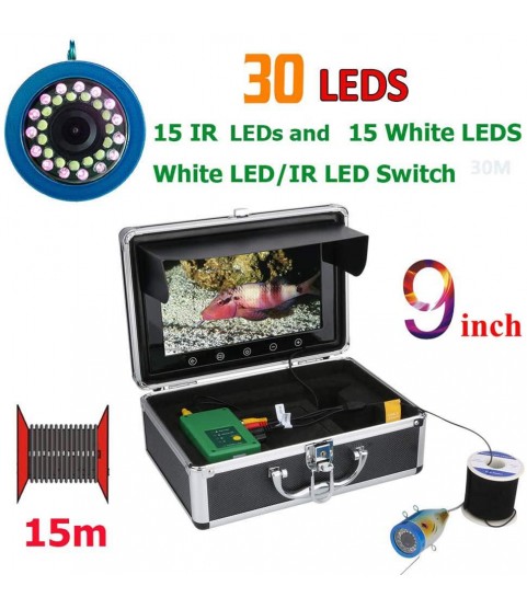 Fish Finders 9 Inch, 15pcs White LEDs + 15pcs Infrared LEDs Lamp Underwater Fishing Camera with Cable, for Ice/Sea/River Fishing