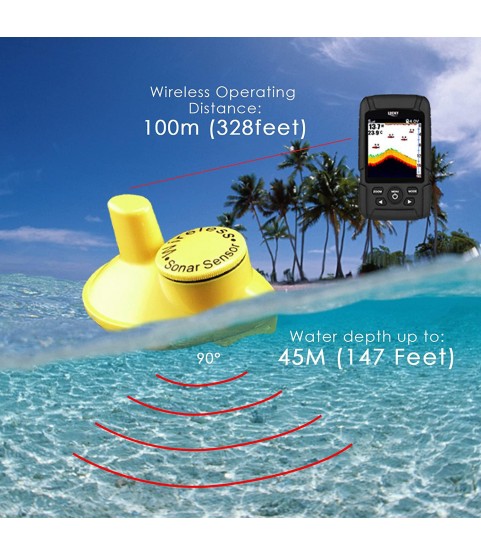 2-in-1 LUCKY Fishfinder Wireless/ 6M Wired Sensor English/Russian Menu 100m Depth, 328ft/ 100m Wireless Coverage Monitor Rechargeable Battery 100% Waterproof Design