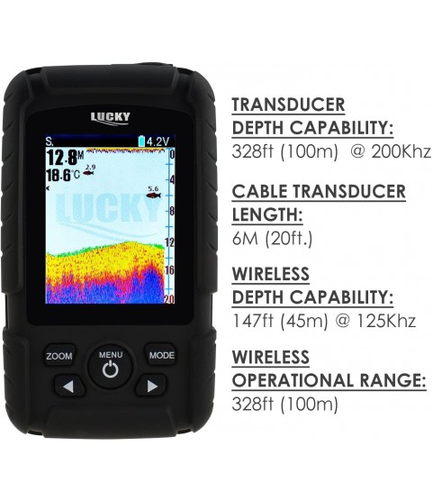 2-in-1 LUCKY Fishfinder Wireless/ 6M Wired Sensor English/Russian Menu 100m Depth, 328ft/ 100m Wireless Coverage Monitor Rechargeable Battery 100% Waterproof Design