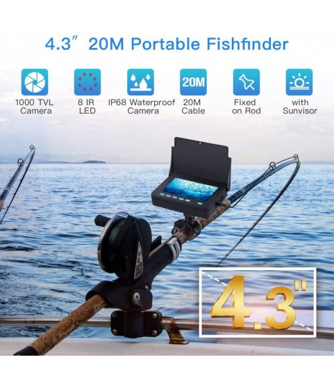 Eyoyo Portable Underwater Fishing Camera Fixed on Rod Underwater Video Fish Finder 4.3 inch Monitor 20M Cablewith 1000 TVL IP68 Waterproof 8 Infrared LED Camera for Ice Lake Sea Boat Kayak Fishing