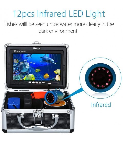 Eyoyo Portable 7 inch LCD Monitor Fish Finder Waterproof Underwater 1000TVL Fishing Camera 15m Cable 12pcs IR Infrared LED for Ice,Lake and Boat Fishing