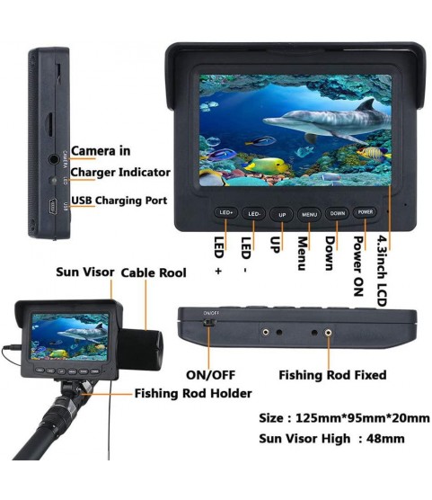Fish Finder 15M Pull-Resistant Cables 1000TVL 4.3 Inch Monitor 10PCS LED Night Vision 175 Degrees Camera Underwater Fishing Camera for Fishing