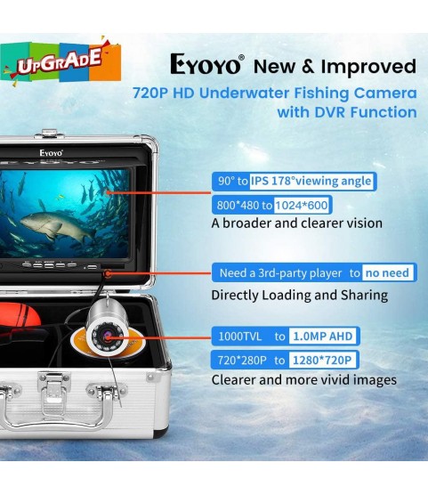Eyoyo Underwater Fishing Camera, Ice Fishing Camera Portable Video Fish Finder, Upgraded 720P Camera w/ 12 IR Lights, 1024x600 IPS 7 inch Screen, for Ice, Lake, Boat, Sea Fishing (30m+DVR)