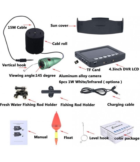 Fish Finders 4.3 Inch DVR Recorder, for Ice Fishing Sea Fishing, 6W Infrared LED Lamp Underwater Fishing Video Camera with Cable