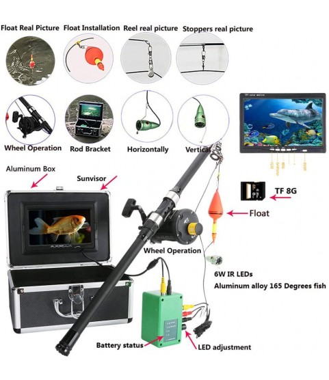 Fish Finders 7 Inch DVR Recorder, 6W Infrared LED Lamp Underwater Fishing Video Camera with Cable, for Ice Fishing Sea Fishing Sea Wheel