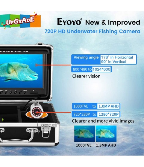 Eyoyo Underwater Fishing Camera, Ice Fishing Camera Video Fish Finder Upgraded 720P Camera 12 IR Lights with 1024x600 9 inch Screen for Ice, Lake, Boat, Sea Fishing (15m)