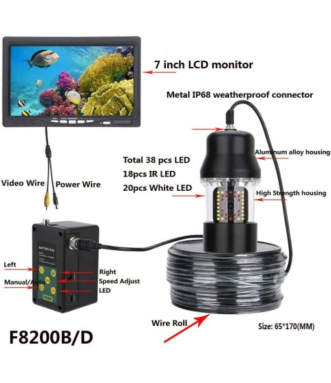 Fish Finders 7 Inch DVR Recorder, 20pcs White LEDs + 18pcs Infrared LEDs Lamps IP68 Underwater Fishing Video Camera with Cable