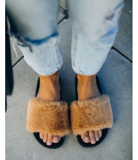 Calvin Faux Fur Slide Sandal - Natural