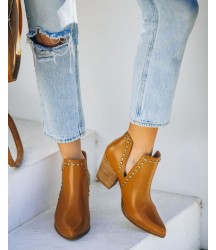 Retro Faux Leather Studded Bootie - Camel