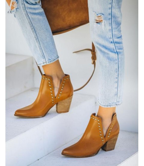 Retro Faux Leather Studded Bootie - Camel